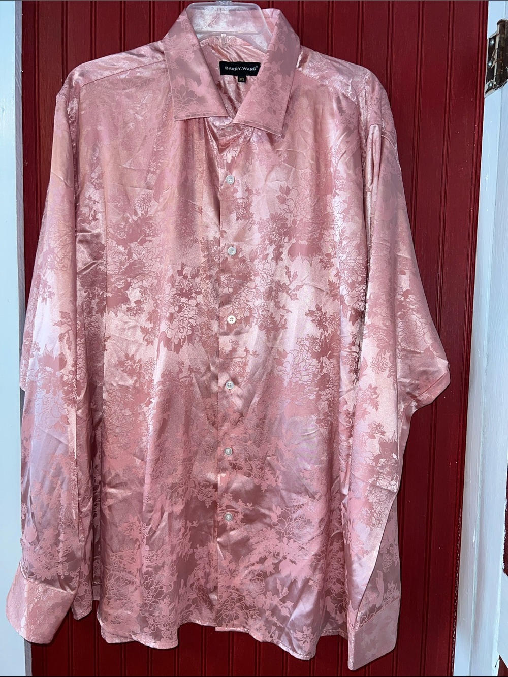 Barry Wang Pink Satin Floral Button-Down Shirt 3X